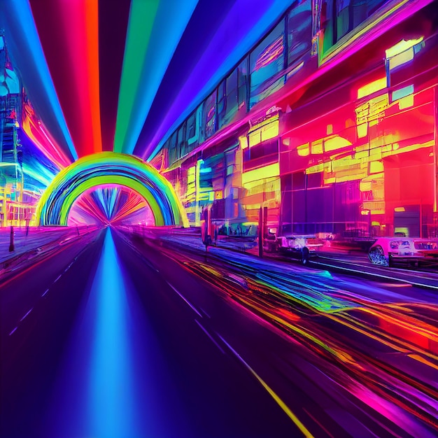 A colorful street scene with a rainbow light on the left side.