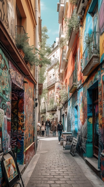 A colorful street with graffiti on it and a person walking by.