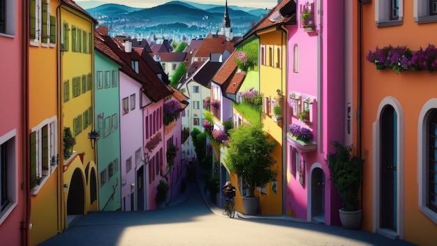 A colorful street with a mountain in the background