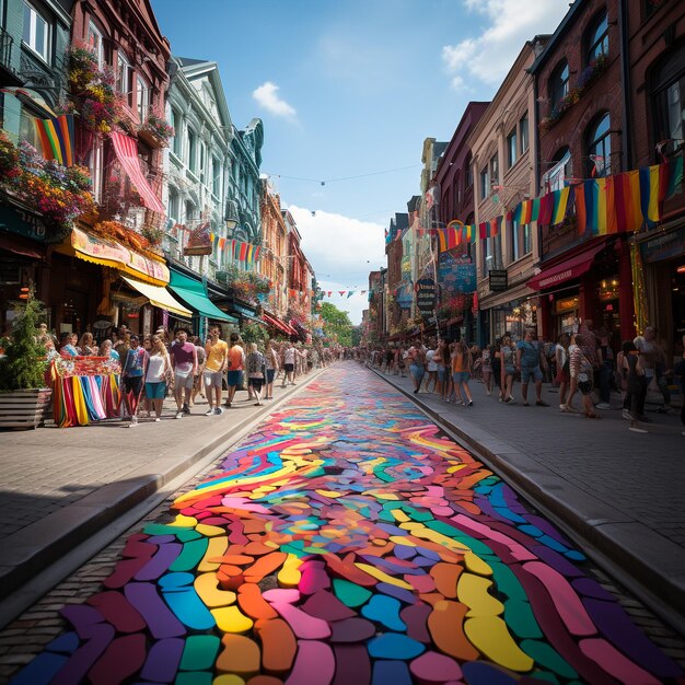 Photo a colorful street with people walking on it and a rainbow painted on the ground