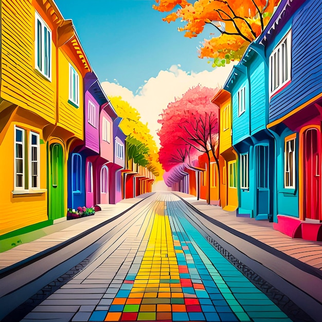 Photo a colorful street with a rainbow colored building with a rainbow colored roof