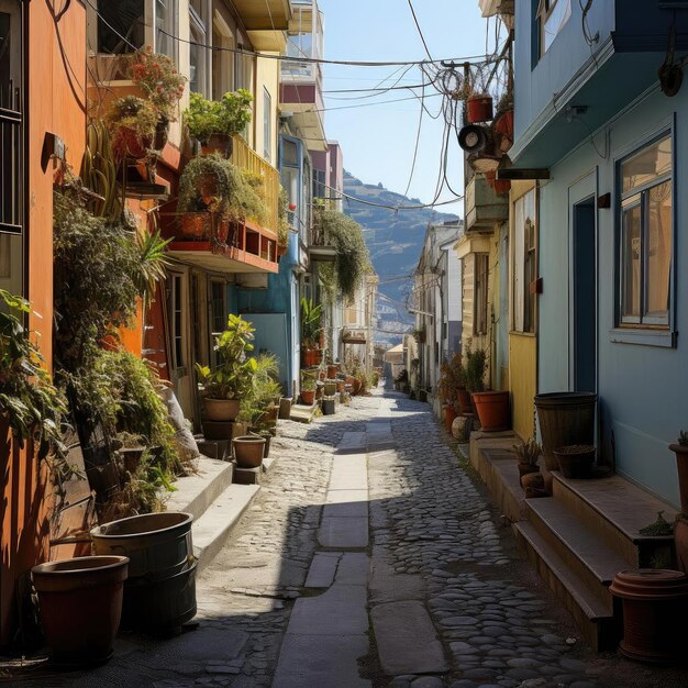 Colorful street with vibrant scenes and potted plants