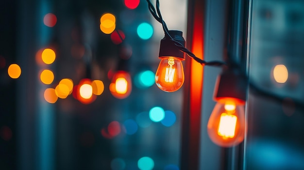 Photo colorful string lights illuminate a cozy indoor space during evening hours