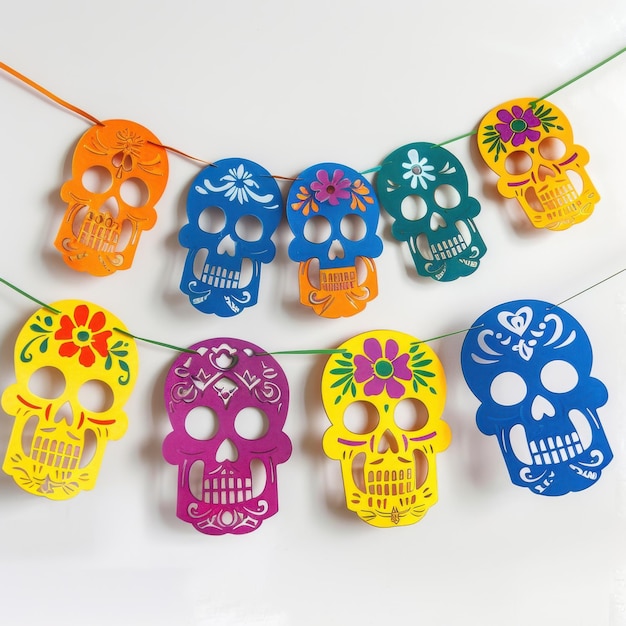 Photo colorful string of papel picado with skull and flower cutouts isolated on white background