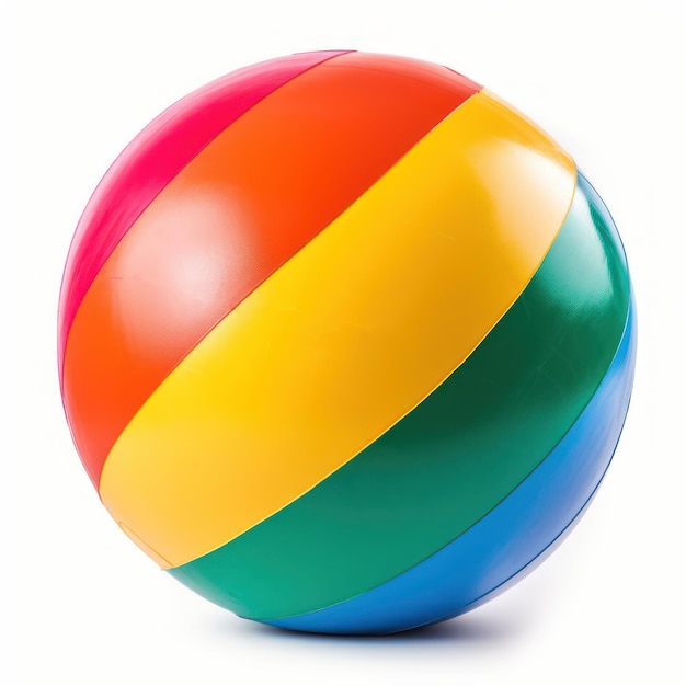 A colorful striped beach ball is shown against a white background.