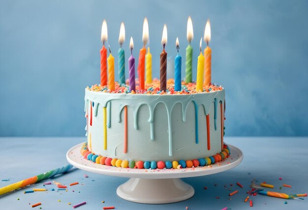 Colorful striped birthday cake with candles and sprinkles