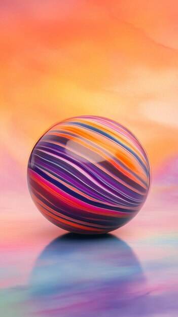 Photo colorful striped glass sphere on vibrant abstract background