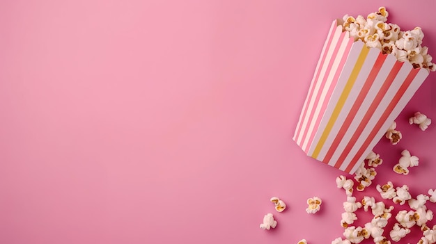 Photo a colorful striped popcorn box spills its contents onto a vibrant pink surface creating a playful and inviting snack display