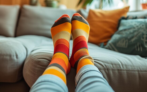 Photo colorful striped socks on a couch with a cozy vibe