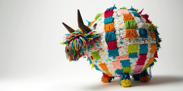 A colorful stuffed dinosaur made of colorful ribbons is displayed in front of a white background.