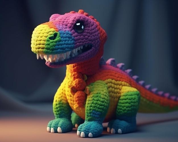 A colorful stuffed dinosaur with a black nose sits on a dark background