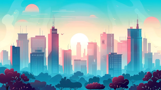 A colorful stylized cityscape with a bright sun in the sky