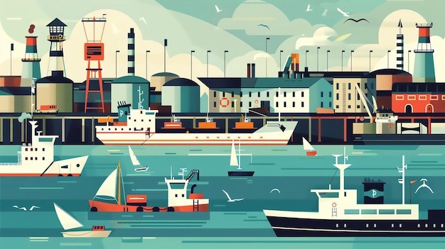 Photo a colorful stylized illustration of a harbor with boats and buildings