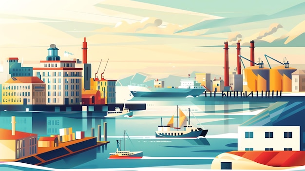 Photo a colorful stylized illustration of a harbor with ships boats and industrial buildings