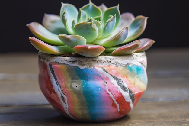 A colorful succulent plant in a concrete pot with white streaks