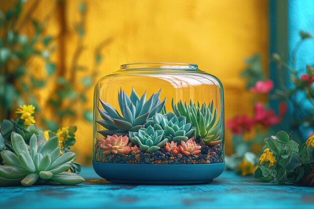 Photo colorful succulent terrarium in glass jar with vibrant background and decorative plants