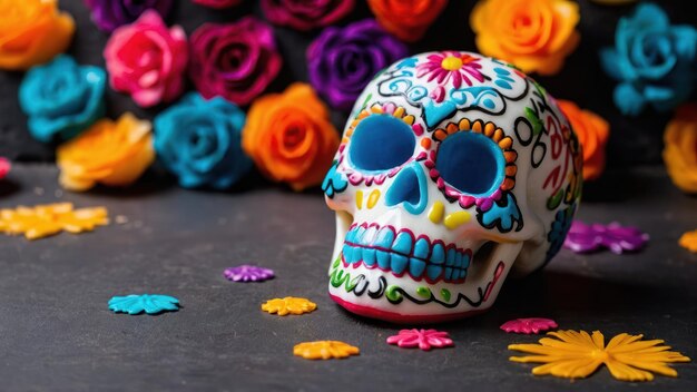 Colorful sugar skull candies adorned with bright icing set against vibrant flowers