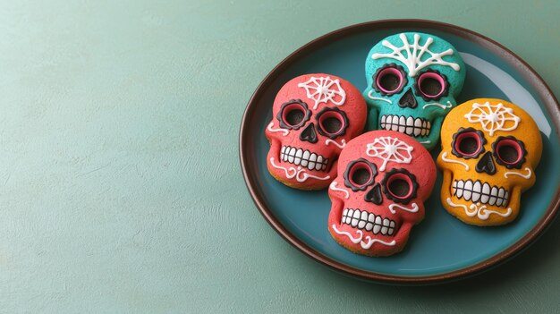 Photo colorful sugar skull cookies on a plate day of the dead