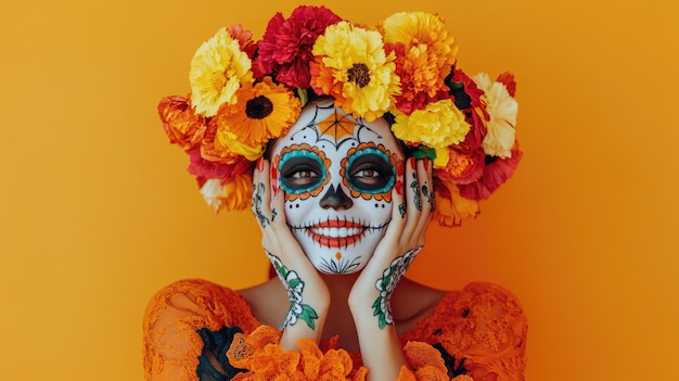 Photo colorful sugar skull dia de los muertos costume on model