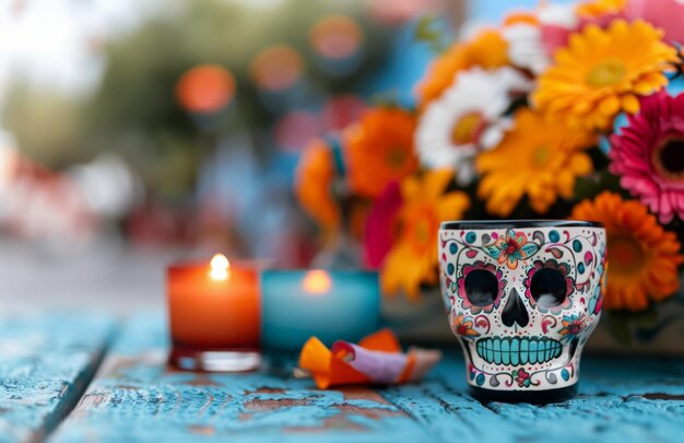 Colorful Sugar Skull Mug With Flowers and Candle on Rustic Table