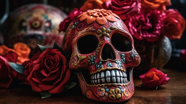 A colorful sugar skull sits on a table with roses in the background.