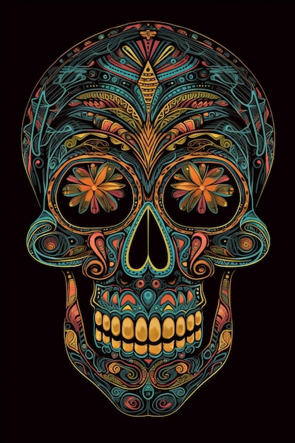 A colorful sugar skull with a black background.