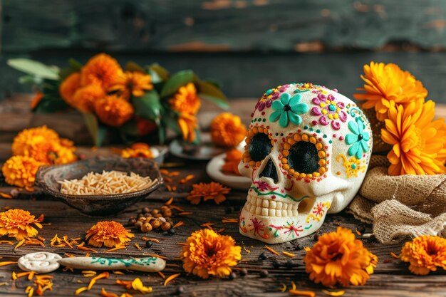 Photo colorful sugar skull with marigolds and traditional mexican sweets for day of the dead celebration