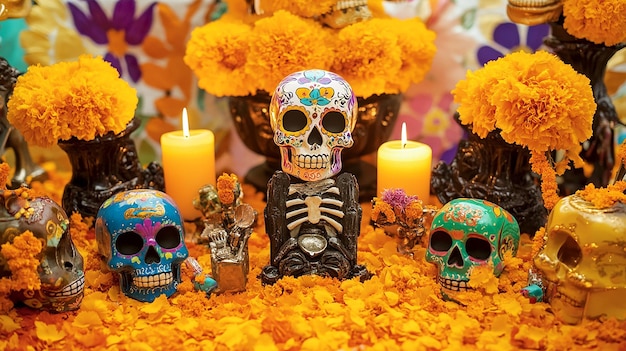 Photo colorful sugar skulls marigold flowers and candles on an altar for da de muertos