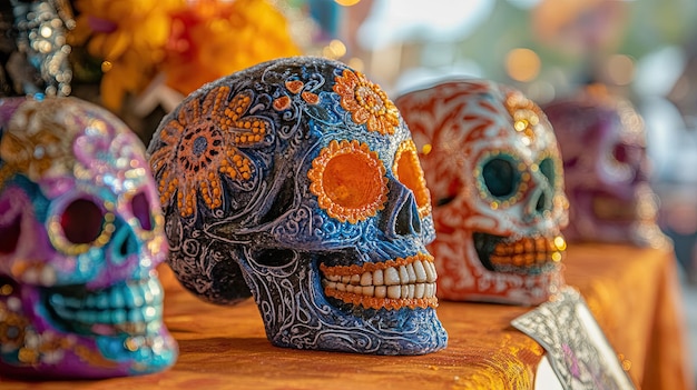 Colorful Sugar Skulls with Intricate Floral Designs for Day of the Dead Celebration