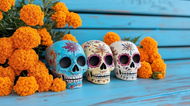 Photo colorful sugar skulls with marigolds on blue wood background