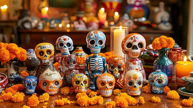 Photo colorful sugar skulls with marigolds and candles on a wooden table a traditional day of the dead altar