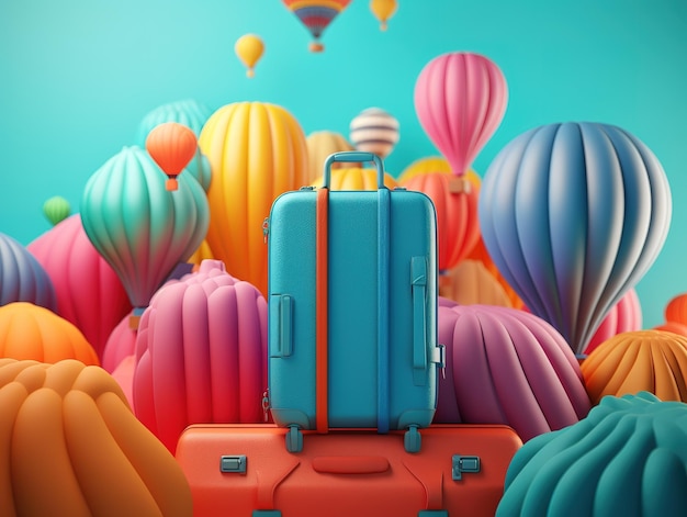 A colorful suitcase is standing on a pile of balloons and the word travel is on the top of the suitcase.