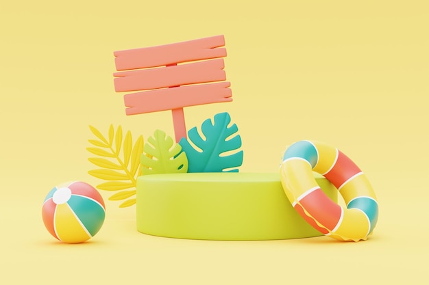 Colorful summer beach elements with signpost3d renderingxA