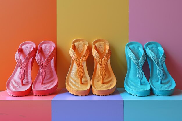 Photo colorful summer flip flops on a rainbow backdrop