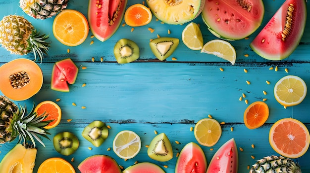 Photo colorful summer fruit slices artfully arranged on blue wooden background