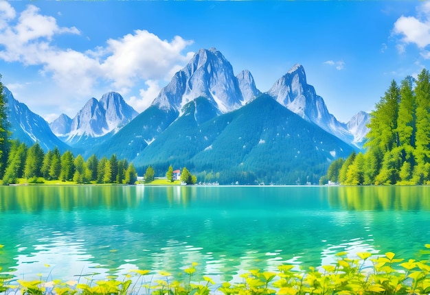 Colorful summer scene of Julian Alps with Manhart peak on background generated by ai