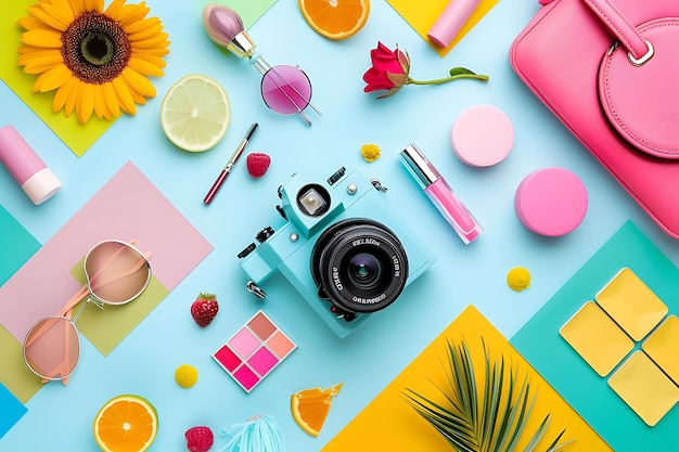 Photo colorful summer still life with camera fruit and accessories illustration