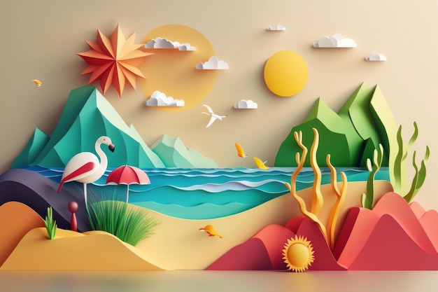 Colorful Summer time background with tropical sea Paper craft style generative AI