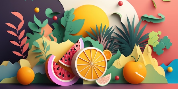 Colorful Summer time background with tropical views Paper craft style generative AI