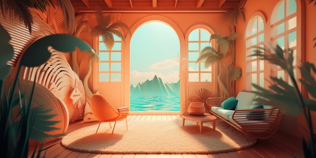 Colorful Summer time background with tropical window view generative AI