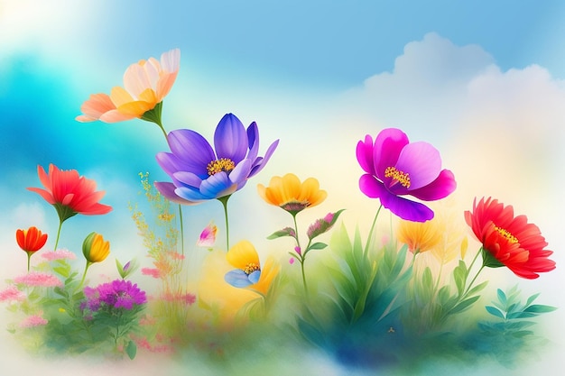 Colorful summer wildflowers in watercolor spring and summer background aigenerated