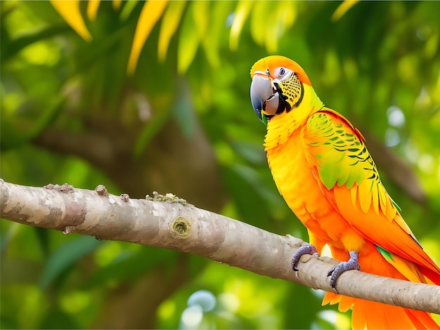 colorful of sun parakeet or sun conure parrot perched on a branch