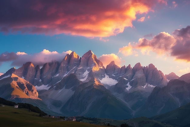 Colorful sunlight behind majestic mountain peaks of the italian french alps