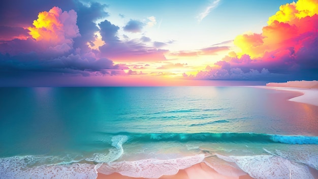 A colorful sunset over a beach with a beach and ocean in the background.