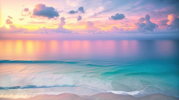 A colorful sunset over a beach with a blue sky and clouds