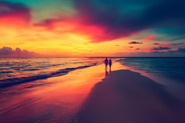 Photo colorful sunset at beach with couple walking hand in hand