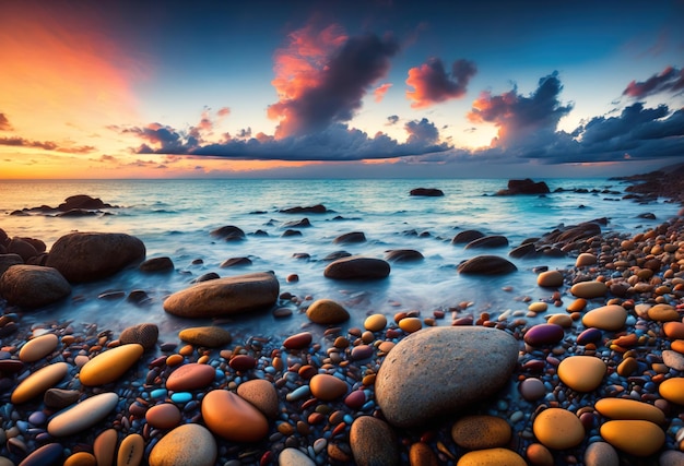 A colorful sunset over a beach with rocks and a cloudy sky