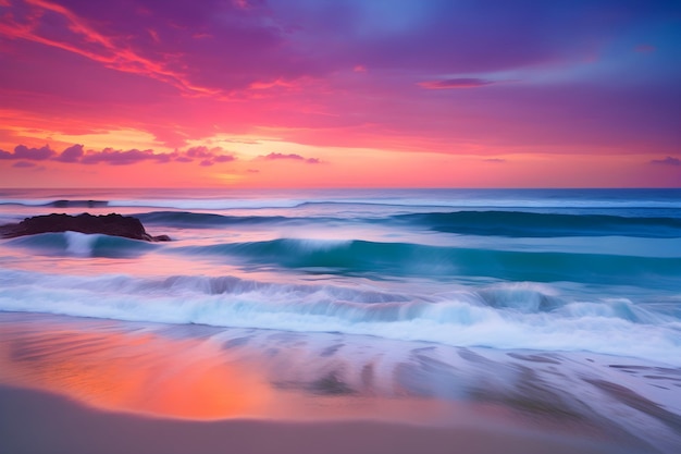 A colorful sunset over a beach with waves crashing on the shore.