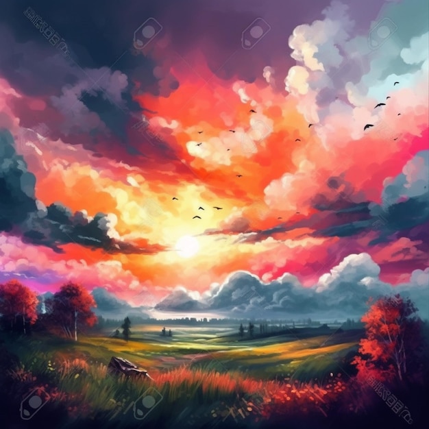 A colorful sunset over a field with a field and trees and a field with a field and birds flying in the sky.