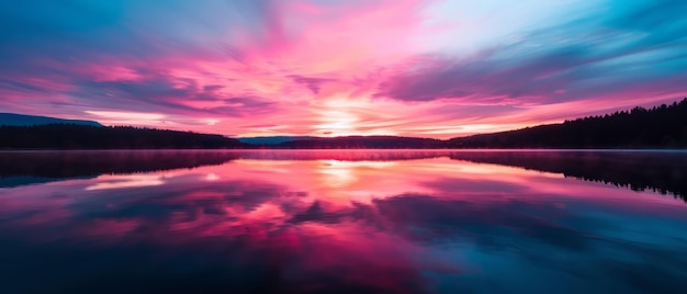 Photo a colorful sunset is reflected on a lake with the sun setting behind the clouds